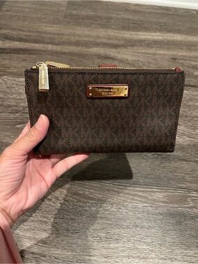 Michael Kors monogram Brown Logo double Zip Wallet with Gold Hardware